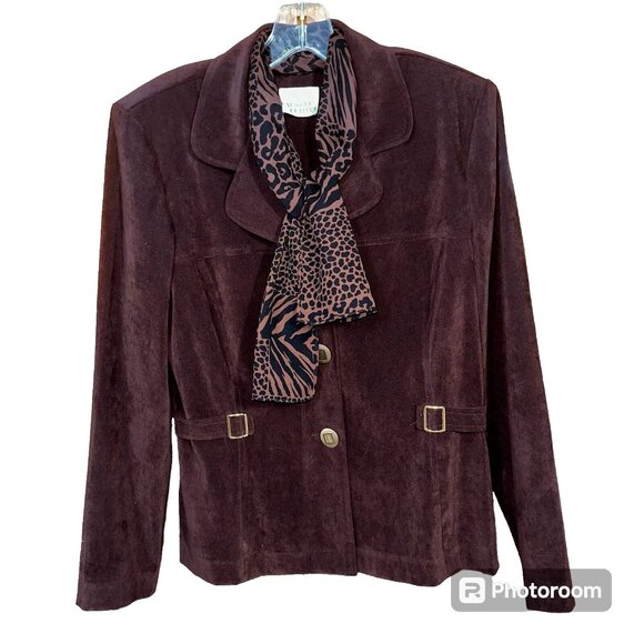 Rich Chocolate Faux-Suede 2-Piece Pant Suit w/ Leopard Scarf • Petite 8 • Retro - Picture 2 of 9